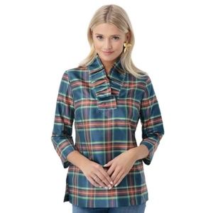 Devon Baer Stewart Plaid Silk Ruffle Tunic